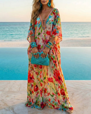Sukienka Kolorowy Kwiatowy Nadruk Długa Bluzka
