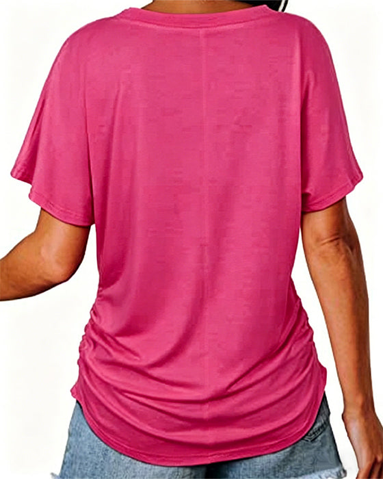 T-Shirt Plisowany Jednokolorowy Dekolt W Serek