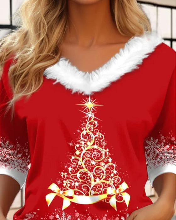 Bluzka z nadrukiem choinki z dekoltem w kształcie litery V