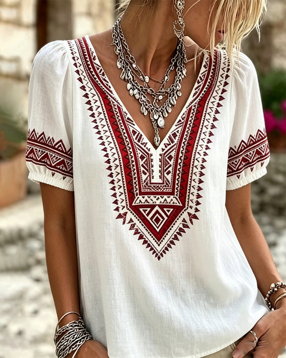 Bluzka V-Szyja Bohemian Bąbelkowe Rękaw