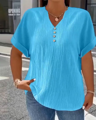 100% Bawełna  T-Shirt V-Dekolt Luźny Teksturowany