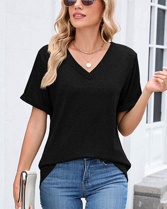 T-Shirt Jednokolorowy Dekolt W Kształcie Litery V Casual Krótki Rękaw