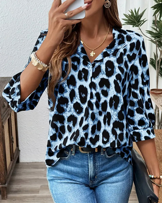 Bluzka 3/4 Rękaw Leopardzi Nadruk Luźna