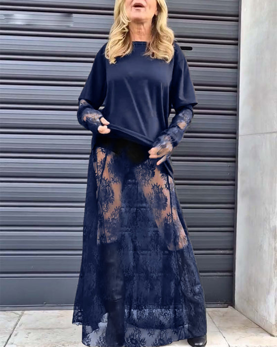 Dwuczęściowy komplet - koszulka w jednolitym kolorze i koronkowa spódnica