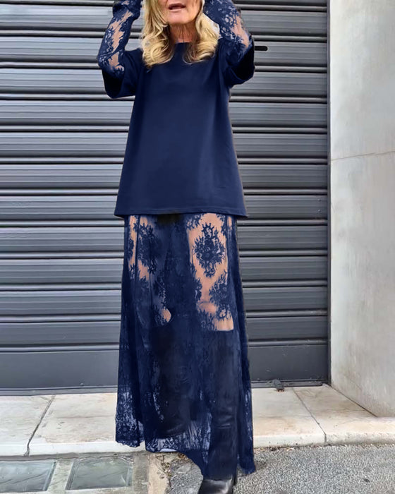 Dwuczęściowy komplet - koszulka w jednolitym kolorze i koronkowa spódnica