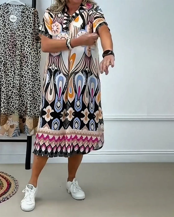 Sukienka Boho Wzorzysta Prosta Krótki Rękaw