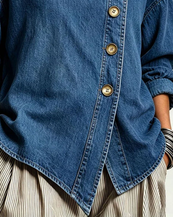 Płaszcz Ukośny Guzik Stójka Denim
