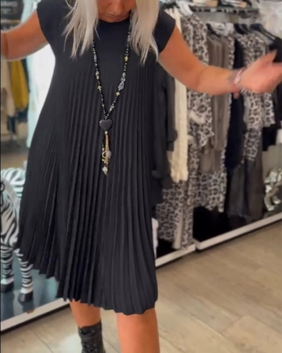 Sukienka plisowana na co dzień z okrągłym dekoltem i jednolitym kolorem