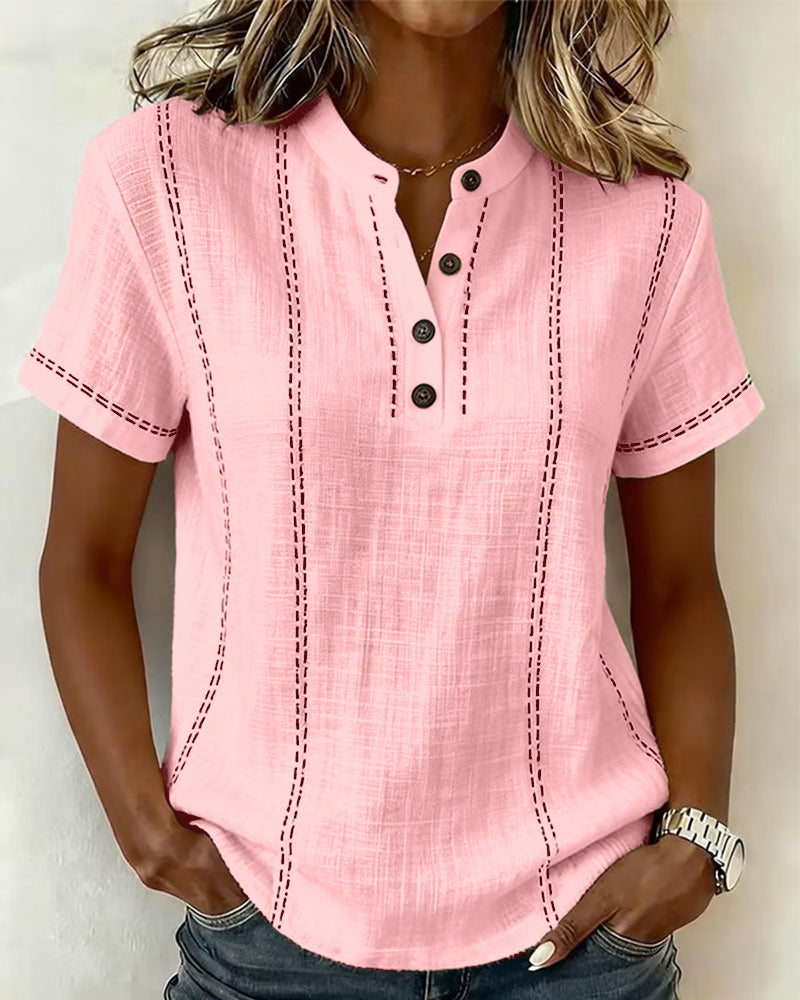 T-Shirt Moda Swobodny Guzik V-Dekolt