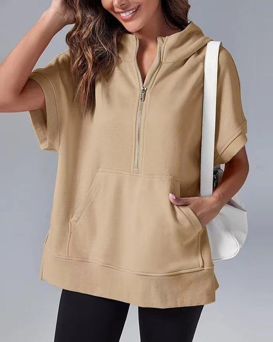 Bluza Krótki Rękaw Częściowy Zamek Błyskawiczny Z Kapturem