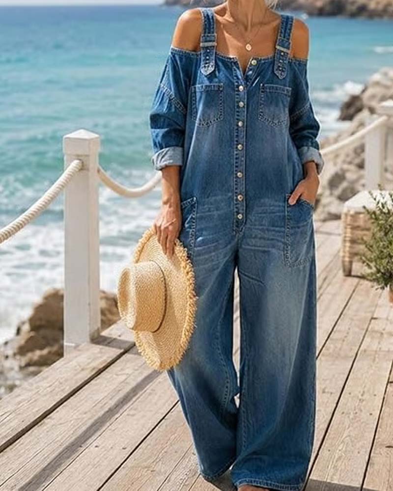 Jumpsuit Ramiączko Spaghetti Odkryte Ramię Szeroka Noga Denim