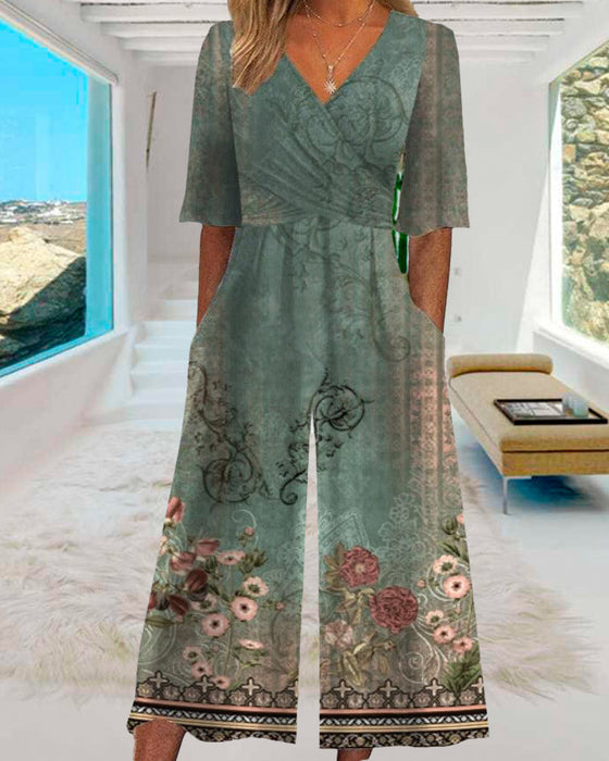 Kombinezon z kieszeniami w stylu vintage w kwiaty