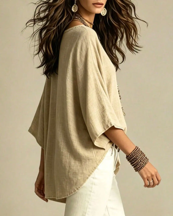 Blouse V-Dekolt Trzyczwarty Rękaw Luźny