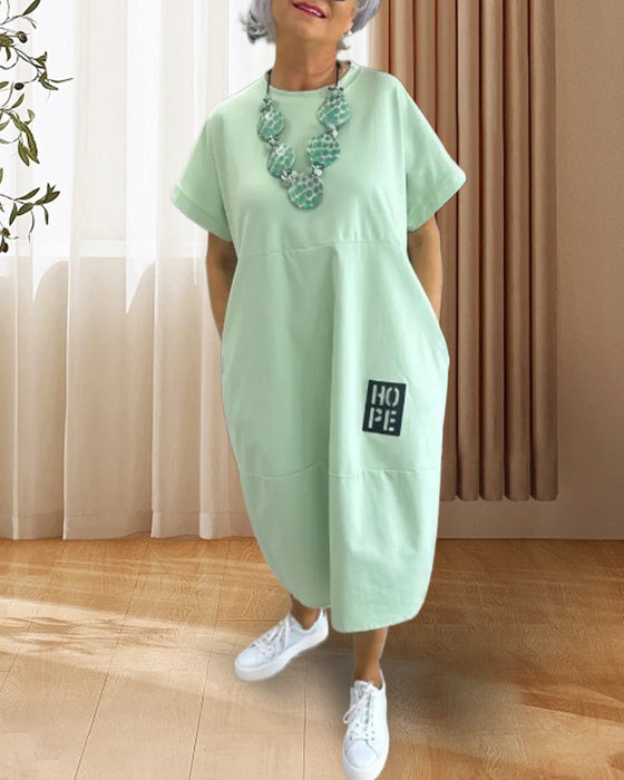 Sukienka Krótki Rękaw Swobodna Prosta Kieszeń