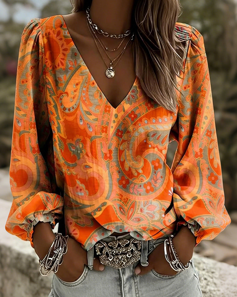 Bluzka Wzorzysta Dekolt W Serek Rękaw Bufka