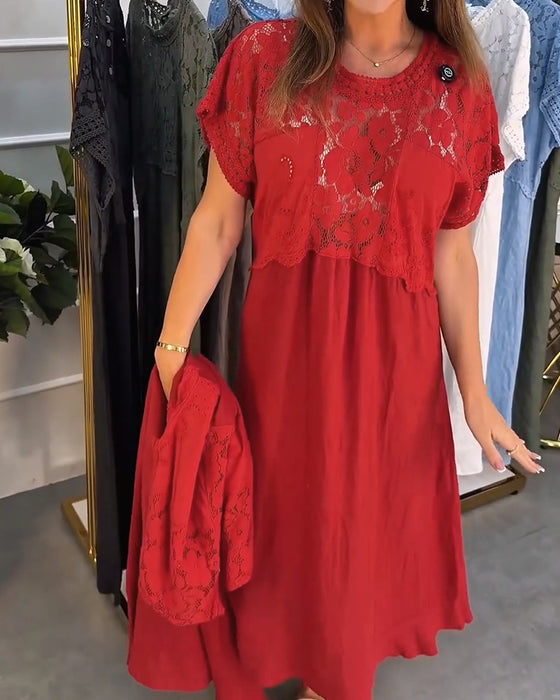 Sukienka Elegancka Koronkowe-Wykończenie Patchwork Maxi