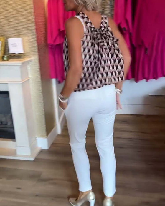 Bluzka bez rękawów z nadrukiem w romby i okrągłym dekoltem