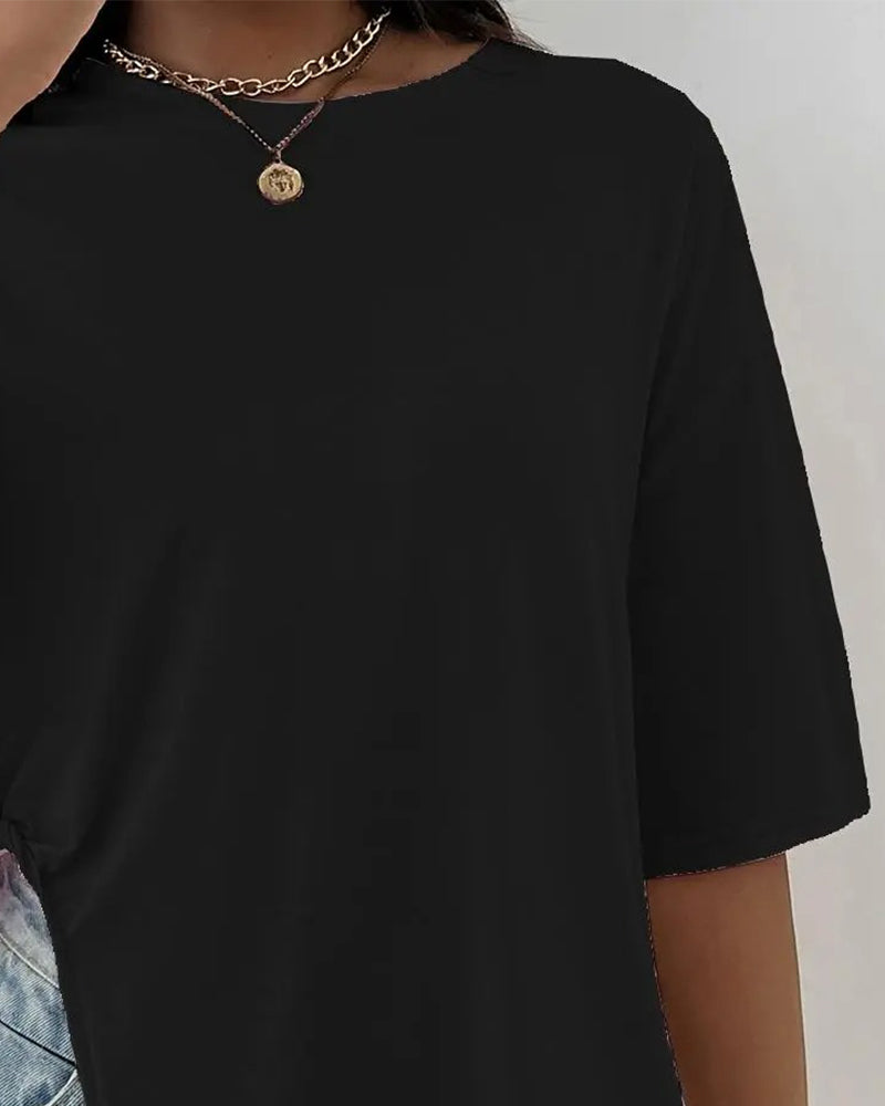 T-Shirt Okrągły Dekolt Rozcięty Krótki Rękaw