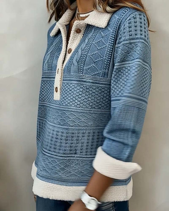 Bluza Z Kołnierzem Patchwork Modna Casual