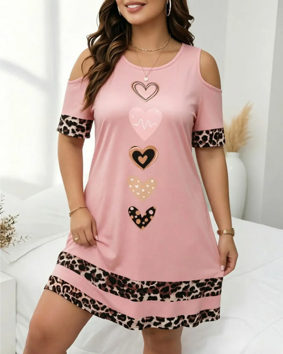 Sukienka Okrągły Dekolt Off-Shoulder Lampart Serce