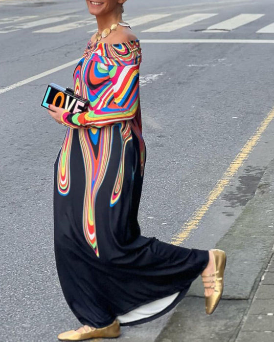 Elegancka sukienka maxi z długim rękawem i odkrytymi ramionami