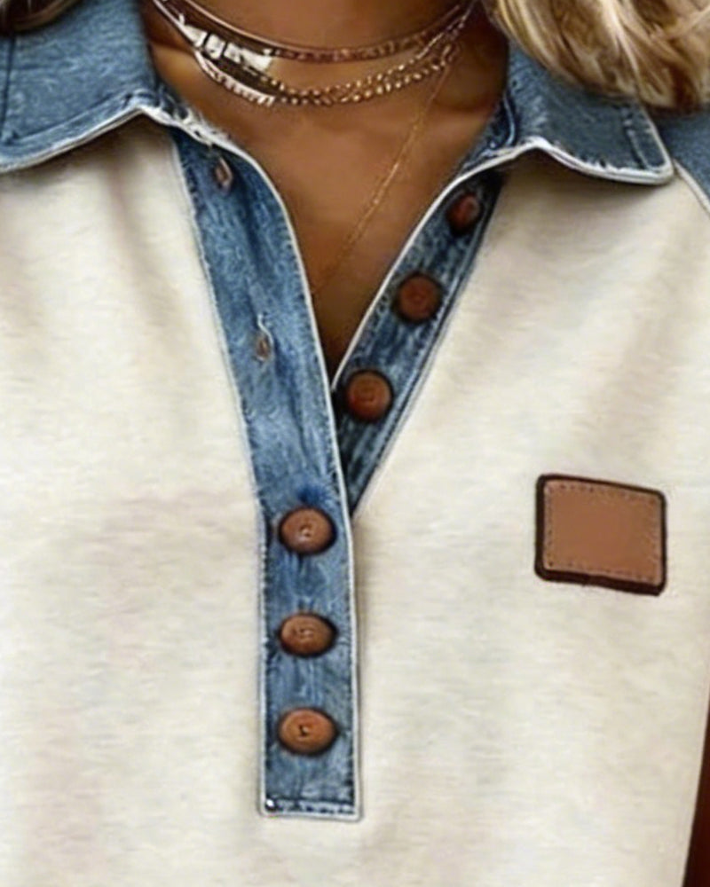 T-Shirt Denim Kolor Blok Krótki Rękaw