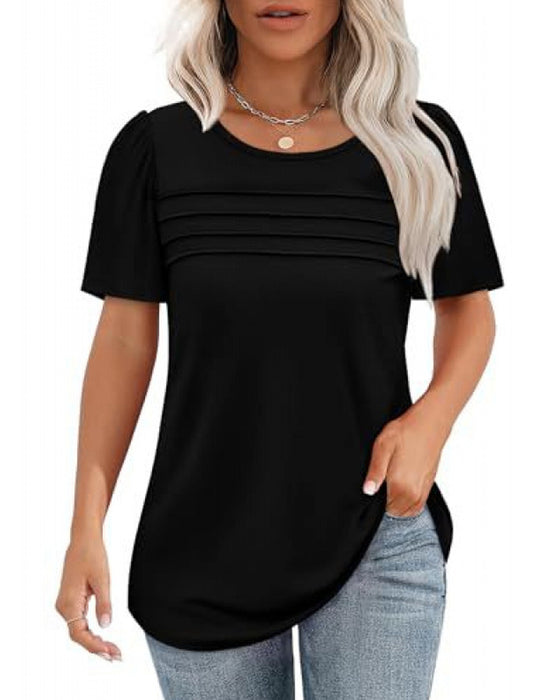 T-Shirt Plisowany Luźny Okrągły Dekolt Krótki Rękaw