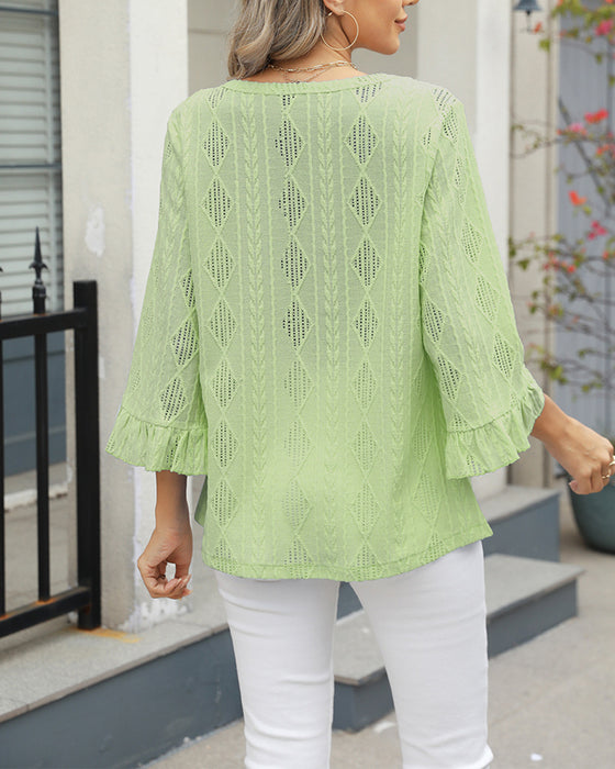 Bluzka Wzór Diamentowy Ażurowa Rękawy Trąbkowe