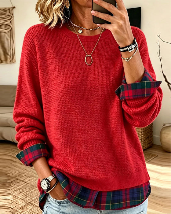 Sweter Okrągły Dekolt Krata Patchwork Sztuczny Dwuczęściowy