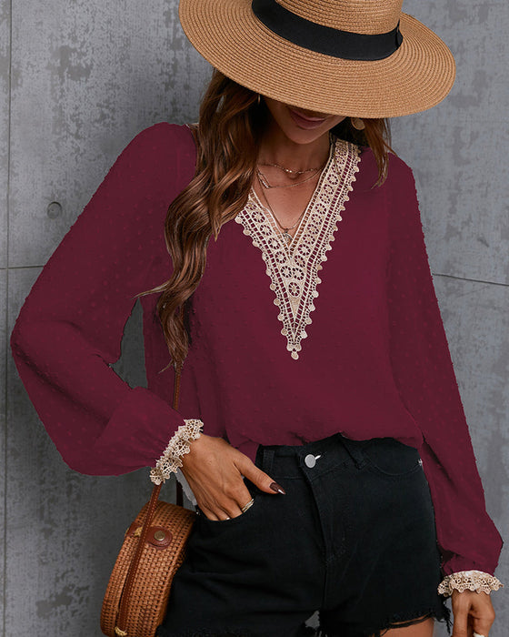 Koronkowa koszula z długim rękawem w jednolitym kolorze