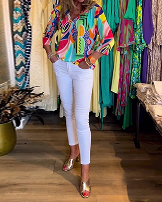 Luźna bluzka z nadrukiem z długim rękawem