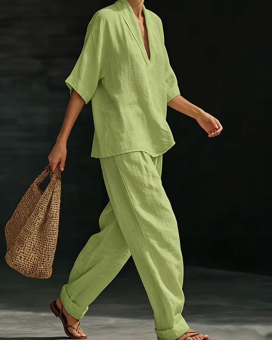 Komplet Dekolt W-Serek Krótki Rękaw Bawełna Len