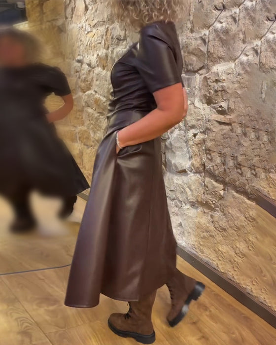 Sukienka Skóra Pu W Pasie Krótki Rękaw