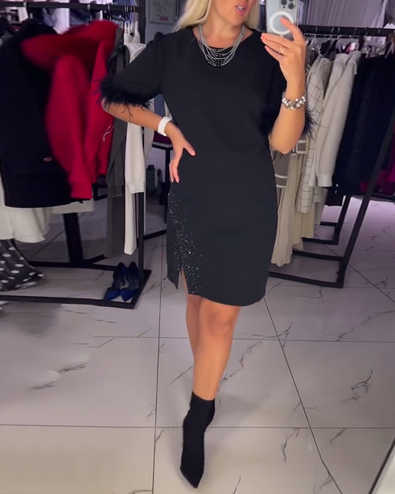 Sukienka swobodna z okrągłym dekoltem i rozcięciem, z indywidualnym wzorem