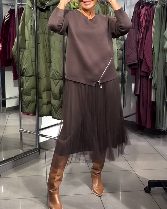 Stylowy Zestaw Z Bluzą O Okrągłym Dekolcie I Zamkiem