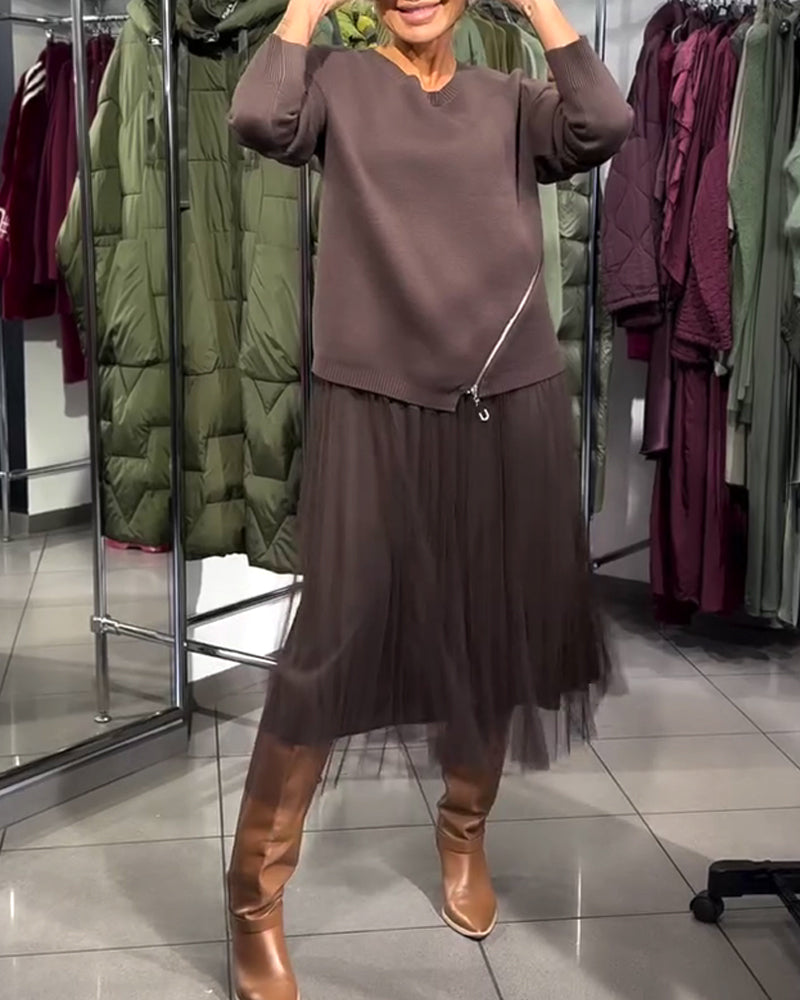 Stylowy Zestaw Z Bluzą O Okrągłym Dekolcie I Zamkiem