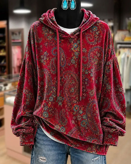 Hoodie Paisley Druk Aksamit