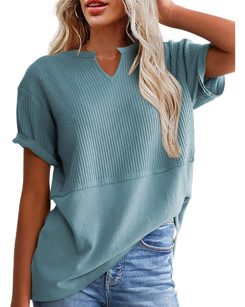 T-Shirt Przewiązana W Talii Patchwork Dekolt W Kształcie Litery V Sweter