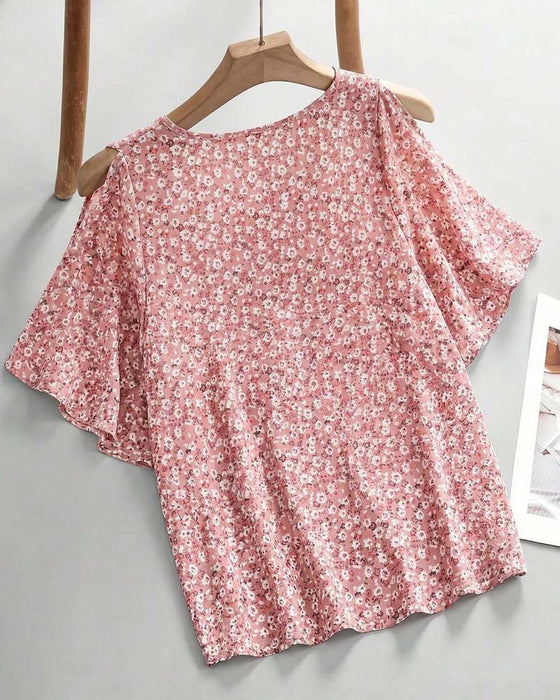 Bluzka V-Szyjka Kwiatowy Off-Shoulder Rękaw Motylkowy