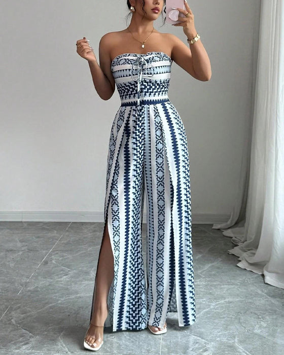 Jumpsuit Geometryczny Bandeau Rozcięcie Szeroka Noga