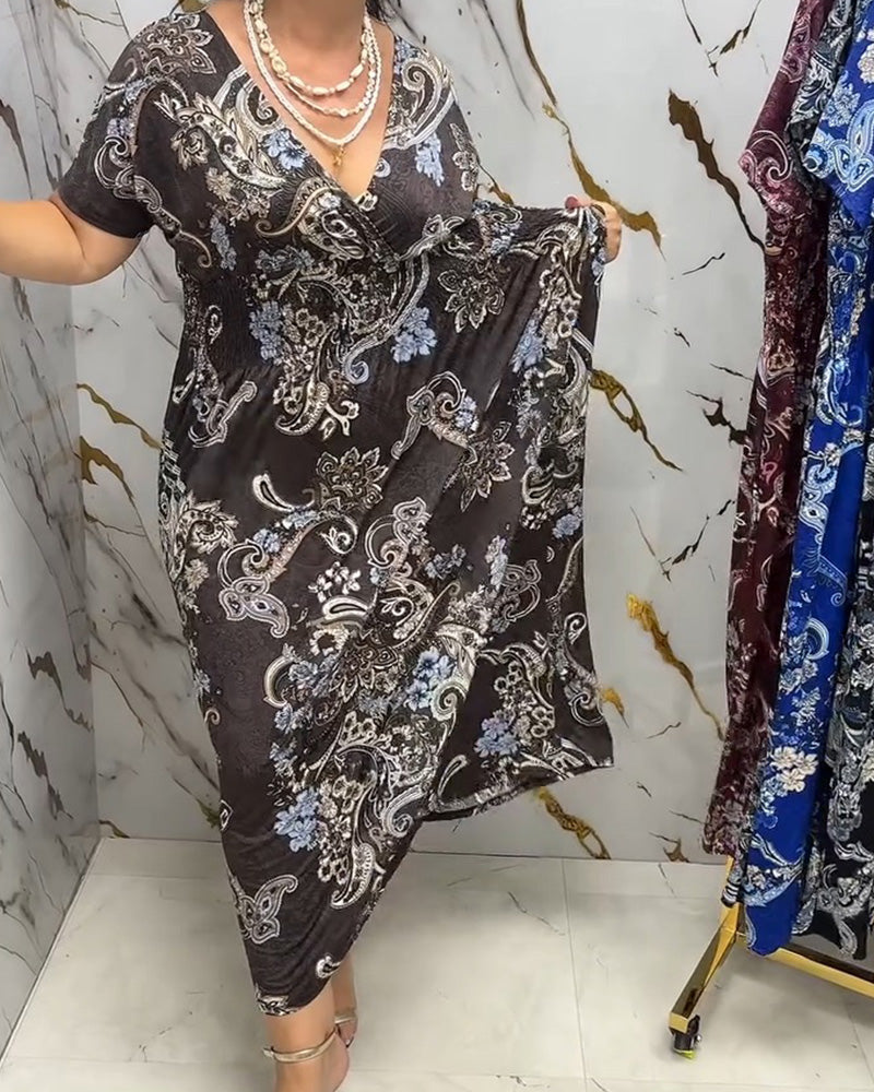 Sukienka V Dekolt Kwiatowy Dopasowana Maxi