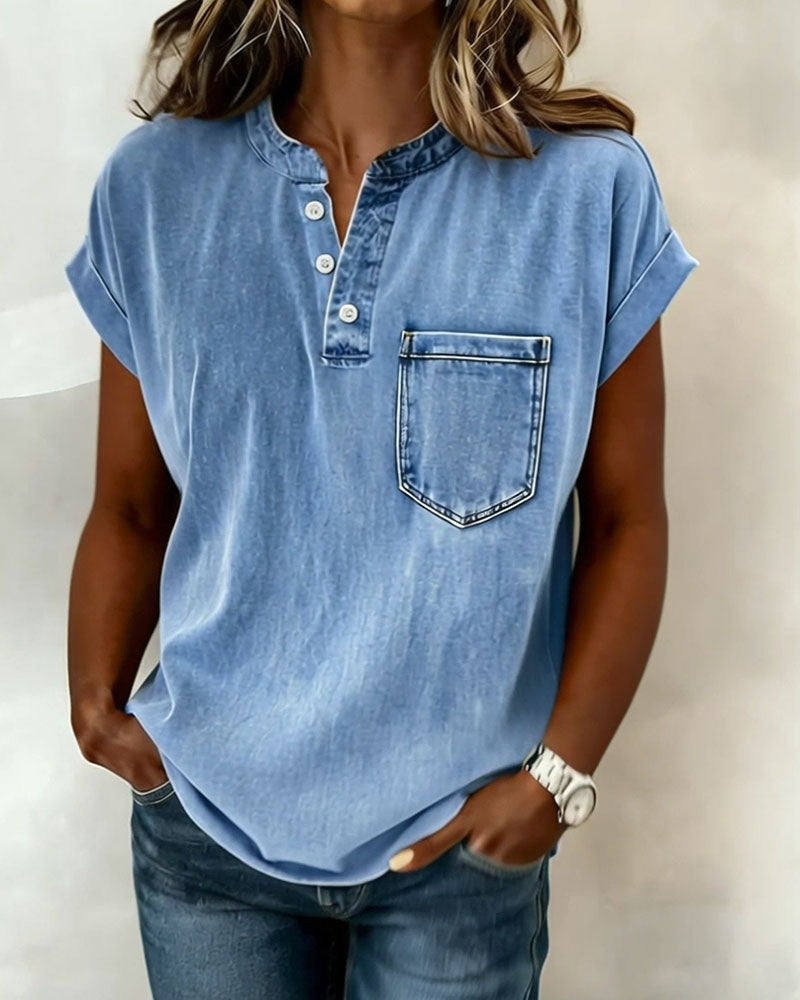 Top Prany Denim Henley Krótki Rękaw