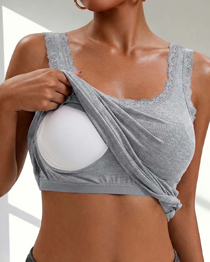 Tank Top Wyściełany Koronka Wykończenie