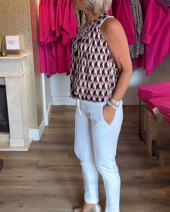 Bluzka bez rękawów z nadrukiem w romby i okrągłym dekoltem