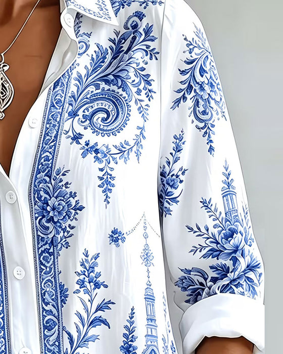 Koszula Niebieska Porcelana Druk Klapa