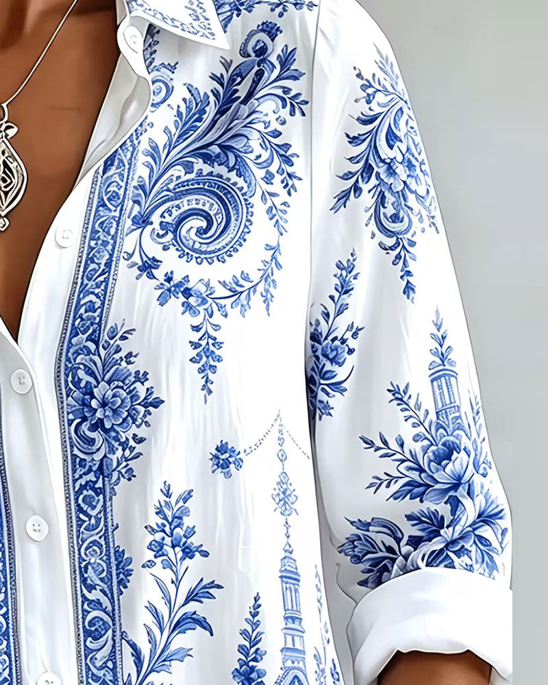 Koszula Niebieska Porcelana Druk Klapa