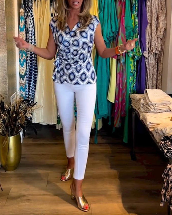 Elegancka sznurowana bluzka bez rękawów z nadrukiem