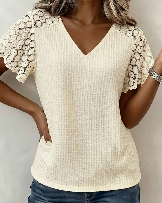 T-Shirt Dekolt W Wafel Koronka Patchwork Jednolity