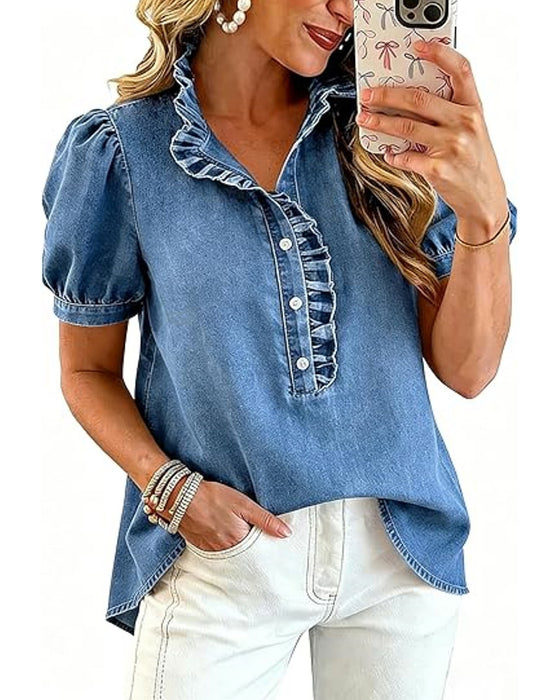 Bluzka Zapinana Na Guziki Falbanka Denim