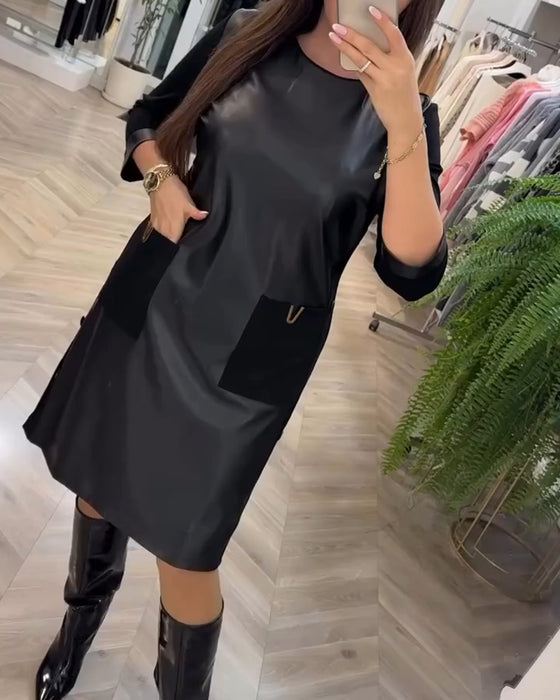 Modna sukienka z kieszeniami i patchworkowym wzorem